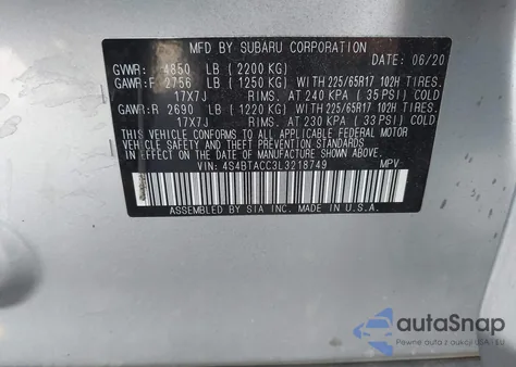 2020 Subaru Outback Premium z USA, uszkodzony, nr VIN 4S4BTACC3L3218749